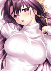 Rule 34 | 1girl, alternate costume, black hair, commentary request, hair ribbon, kurugaya yuiko, little busters!, long hair, looking at viewer, lying, open mouth, purple eyes, ribbed sweater, ribbon, solo, sweater, teeth, upper body, upper teeth only, white sweater, yellow ribbon, zen
