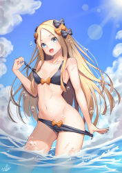 Rule 34 | 1girl, :d, abigail williams (fate), absurdres, bikini, bikini pull, black bikini, black bow, black nails, blonde hair, blue eyes, blue sky, blush, bow, bow bikini, breasts, clothes pull, cloud, collarbone, day, fate/grand order, fate (series), gluteal fold, hair bow, highres, long hair, looking at viewer, nail polish, navel, open mouth, orange bow, parted bangs, polka dot, polka dot bow, sky, small breasts, smile, solo, standing, stomach, swimsuit, very long hair, xiaoxi0619
