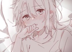 Rule 34 | 1girl, adachi sakura, adachi to shimamura, bed, bed sheet, blush, collarbone, hair between eyes, highres, looking at viewer, lying, monochrome, on back, parted lips, pillow, pov, shirt, solo, sorimachi-doufu, sweat, upper body