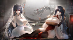 Rule 34 | 2girls, ahoge, azur lane, black garter straps, black gloves, black hair, black thighhighs, branch, breasts, bridal gauntlets, bursting breasts, center opening, china dress, chinese clothes, chinese commentary, cleavage, cocktail dress, crossed bangs, dress, dual persona, earrings, evening gown, feather boa, flower, framed breasts, from side, full body, garter straps, gloves, hair ornament, hand on own chest, highres, huge breasts, indoors, isy, jewelry, long hair, low neckline, lying, multiple girls, necklace, official alternate costume, on side, pelvic curtain, plunging neckline, red dress, red eyes, satin dress, see-through, see-through dress, side slit, skindentation, sleeveless, sleeveless dress, taihou (azur lane), taihou (phoenix&#039;s spring song) (azur lane), taihou (temptation on the sea breeze) (azur lane), teapot, thighhighs, very long hair, wedding dress, white dress, white flower, white veil