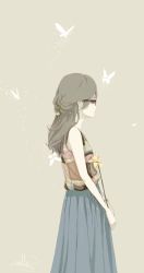 Rule 34 | 1girl, asllence, brown hair, bug, butterfly, camisole, expressionless, glasses, highres, insect, long hair, long skirt, original, pinwheel, profile, simple background, skirt, solo, standing