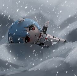 Rule 34 | 1girl, absurdres, ayanami rei, blue hair, bodysuit, character doll, expressionless, highres, interface headset, neon genesis evangelion, pilot suit, plugsuit, red eyes, rei chikita, shadow, shiga 96, short hair, snowing, solo