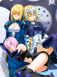 Rule 34 | 3girls, ahoge, armor, armored dress, artoria pendragon (all), artoria pendragon (fate), bare shoulders, blonde hair, blue background, boots, bow, braid, breasts, capelet, chain, cleavage, cleavage cutout, closed eyes, clothing cutout, dress, elbow gloves, fate/apocrypha, fate/grand order, fate/stay night, fate (series), gauntlets, gloves, gradient background, greaves, hair bow, hair ribbon, headpiece, high heels, impossible clothes, jeanne d&#039;arc (fate), jeanne d&#039;arc (ruler) (fate), juliet sleeves, lap pillow, large breasts, long hair, long sleeves, mash kyrielight, multiple girls, navel, parted lips, pink hair, puffy sleeves, ribbon, saber (fate), shield, shirotsumekusa, short hair, single braid, sleeping, thighhighs, underbust, white background