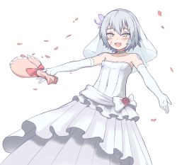 Rule 34 | 1girl, :d, blush, bouquet, bow, bridal veil, dress, elbow gloves, fate/grand order, fate (series), flower, gloves, grey choker, grey hair, hair bow, holding, holding bouquet, jack the ripper (fate/apocrypha), jalm, looking at viewer, medium hair, open mouth, outstretched arms, pink flower, pink rose, purple bow, red bow, rose, scar, scar across eye, scar on face, smile, solo, spread arms, veil, wedding dress, white bow, white dress, white gloves