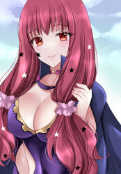 Rule 34 | 1girl, alternate hairstyle, black cape, bodysuit, breasts, cape, choker, cleavage, closed mouth, clothing cutout, facial mark, fire emblem, fire emblem engage, hair ornament, highres, kirishima riona, large breasts, long hair, looking at viewer, nintendo, red eyes, red hair, side cutout, simple background, smile, solo, star (symbol), star facial mark, star hair ornament, twintails, upper body, yunaka (fire emblem)