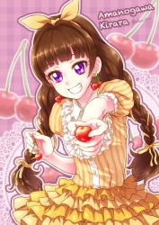 Rule 34 | 1girl, amanogawa kirara, artist name, blush, braid, brown hair, character name, cherry, cherry earrings, chocokin, dress, earrings, english text, eyelashes, food, food-themed earrings, food themed earrings, fruit, go! princess precure, grin, hair ornament, hair ribbon, happy, jewelry, long hair, looking at viewer, plaid, plaid background, precure, puffy sleeves, purple eyes, ribbon, signature, smile, solo, striped clothes, striped dress, twin braids, twintails, yellow dress