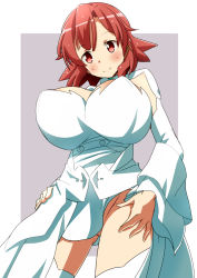 Rule 34 | 10s, 1girl, bad id, bad pixiv id, blush, breasts, cleavage, dress, gluteal fold, highres, huge breasts, izetta, looking at viewer, naruse mai, no panties, red eyes, red hair, shuumatsu no izetta, smile, solo, thighhighs, white dress, white thighhighs