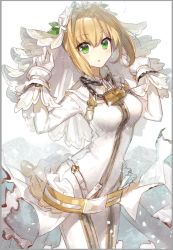 Rule 34 | 10s, 1girl, blonde hair, bodysuit, breasts, bridal veil, chocoan, dress, fate/extra, fate/extra ccc, fate/grand order, fate (series), flower, gloves, green eyes, hair intakes, looking at viewer, nero claudius (bride) (fate), nero claudius (fate), nero claudius (fate) (all), petals, solo, veil, wedding dress, white gloves, zipper