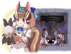 Rule 34 | 2girls, :d, animal ears, bat ears, bat wings, bow, bowtie, breast pocket, brown hair, brown long-eared bat (kemono friends), character doll, chipmunk ears, chipmunk girl, chipmunk tail, commentary request, crawling, elbow gloves, fingerless gloves, fur collar, gloves, glowing, glowing eyes, grey hair, hair between eyes, hair bow, hairband, head wings, holding, kemono friends, kemono friends v project, kosai takayuki, long hair, long sleeves, looking at another, looking at object, medium hair, multicolored hair, multiple girls, multiple wings, open mouth, parody, pink hair, pocket, shaded face, short sleeves, siberian chipmunk (kemono friends), smile, streaked hair, tail, television, the ring, through medium, through screen, vest, virtual youtuber, white hair, wings