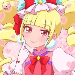 Rule 34 | 1girl, aisaki emiru, blonde hair, blunt bangs, blush, bow, commentary request, cure macherie, drill hair, earrings, finger to cheek, gloves, heart, hugtto! precure, jewelry, lipstick, long hair, magical girl, makeup, moro precure, pom pom (clothes), pom pom earrings, precure, puffy short sleeves, puffy sleeves, red bow, red eyes, short sleeves, smile, solo, twin drills, white gloves