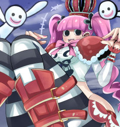 Rule 34 | 1girl, breasts, curvy, devil fruit, dragodragodran, eyes visible through hair, ghost, horo horo no mi, long hair, one piece, open mouth, perona, pink hair, red footwear, red skirt, shiny skin, skirt, sky, thighhighs, twintails, umbrella, very long hair, wide hips