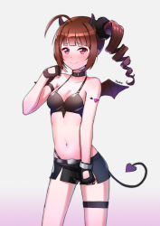 Rule 34 | ahoge, artist name, bad id, bad pixiv id, black gloves, black shorts, blush, brown hair, collar, demon horns, demon tail, drill hair, fingerless gloves, gloves, grey background, heart, heart tattoo, horns, idolmaster, idolmaster million live!, idolmaster million live! theater days, looking at viewer, navel, pointing, pointing at self, purple eyes, scrunchie, shorts, side drill, simple background, smile, solo, standing, tail, tattoo, thigh strap, yokoyama nao, yume tiem