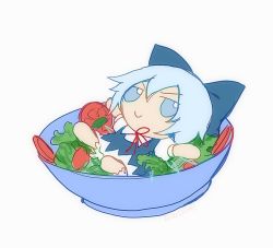 Rule 34 | 1girl, blue eyes, blue hair, bow, bowl, cirno, dress, food, fumo (doll), hair bow, ice, ice wings, ribbon, salad, short hair, simple background, skullchimes, smile, solo, touhou, v-shaped eyebrows, white background, wings