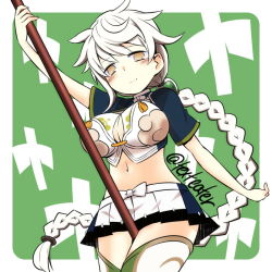 Rule 34 | 10s, 1girl, arm at side, asymmetrical hair, blush, braid, breasts, cleavage cutout, clothing cutout, cloud print, crop top, female focus, green background, green thighhighs, hair ornament, ishimari, jitome, kantai collection, large breasts, long hair, looking at viewer, midriff, miniskirt, navel, pleated skirt, shikigami, silver hair, simple background, single braid, skirt, smile, solo, staff, thighhighs, unryuu (kancolle), very long hair, wavy hair, yellow eyes, zettai ryouiki