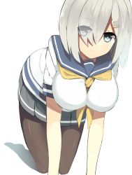 Rule 34 | 10s, 1girl, all fours, between breasts, blue eyes, breasts, brown pantyhose, hair ornament, hair over one eye, hairclip, hamakaze (kancolle), impossible clothes, impossible shirt, kantai collection, large breasts, mori burin, pantyhose, pleated skirt, school uniform, serafuku, shirt, silver hair, simple background, skirt, solo, white background