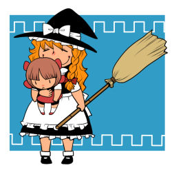 Rule 34 | 2girls, :&lt;, apron, black jack (series), blonde hair, bow, braid, broom, brown hair, closed eyes, collar, crossover, dress, frilled apron, frilled hat, frills, full body, hair ribbon, hat, hat bow, height difference, holding, holding broom, kirisame marisa, long hair, multiple girls, onikobe rin, outside border, parted bangs, pinoko, ribbon, short hair, short sleeves, smile, socks, standing, touhou, turtleneck, waist apron, wavy hair, witch hat, | |