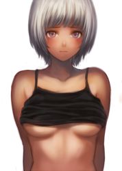 Rule 34 | 1girl, :|, arms at sides, blunt bangs, blush, breasts, camisole, closed mouth, clothes lift, collarbone, dark-skinned female, dark skin, grey hair, looking at viewer, nishizawa, no bra, original, purple eyes, shirt, shirt lift, short hair, simple background, solo, underboob, upper body, white background