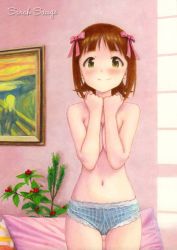 Rule 34 | 1girl, acrylic paint (medium), amami haruka, bad id, bad pixiv id, blue panties, blush, breasts, brown hair, covering privates, covering breasts, fine art parody, green eyes, hair ribbon, idolmaster, idolmaster (classic), looking at viewer, medium breasts, navel, no bra, painting (medium), panties, panties only, parody, ribbon, sarah sauge, short hair, smile, solo, stomach, the scream, topless, traditional media, underwear, underwear only