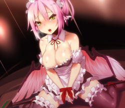 Rule 34 | 1girl, alternate costume, apron, ayagi daifuku, bare shoulders, bdsm, bird wings, black thighhighs, bondage, bound, bound wrists, breasts, cleavage, detached collar, enmaided, hair ornament, hairpin, lace, lace-trimmed legwear, lace trim, large breasts, looking at viewer, maid, maid headdress, mystia lorelei, open mouth, pink hair, red ribbon, ribbon, ribbon bondage, sidelocks, solo, sweat, thighhighs, touhou, v arms, wings, yellow eyes