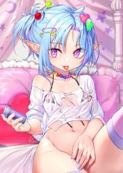 Rule 34 | 1girl, bed, bikini, bikini top only, black bikini, blue hair, bottomless, candy, candy hair ornament, canopy bed, covering privates, female focus, food, food-themed hair ornament, hair ornament, heart, heart hair ornament, highres, looking at viewer, medicine bottle, mitake eil, multicolored hair, nail polish, naughty face, navel, on bed, original, pill, pillow, pointy ears, purple eyes, purple hair, safety pin, see-through, solo, swimsuit, tongue, tongue out, untied bikini top