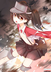 Rule 34 | 10s, 1girl, bad id, bad pixiv id, blush, brown eyes, brown hair, flat chest, hat, kantai collection, long hair, looking at viewer, magatama, open mouth, personification, ryuujou (kancolle), skirt, solo, torn clothes, twintails, visor cap, yadapot