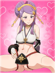 Rule 34 | 1girl, anus, bare legs, bare shoulders, blush, breasts, cleavage, covering privates, covering crotch, earrings, elbow gloves, fire emblem, fire emblem fates, gloves, hair ornament, heart, highres, hoop earrings, japanese clothes, jewelry, large breasts, legs, long hair, looking at viewer, navel, nintendo, orochi (fire emblem), purple eyes, purple hair, simple background, sitting, smile, solo, spread legs, thighs, yuki (12cut)
