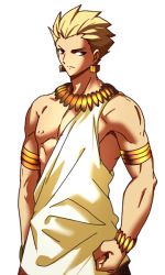 Rule 34 | 1boy, blonde hair, chietori, fate/stay night, fate (series), gilgamesh (fate), hair slicked back, jewelry, male focus, necklace, red eyes, simple background, solo, toga