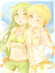 Rule 34 | 10s, 2girls, absurdres, arm around back, bikini, bikini top only, blonde hair, blush, breasts, brown eyes, camisole, cloud, collarbone, cowboy shot, day, front-tie top, green bikini, green eyes, green hair, green shorts, grin, hair between eyes, hand on another&#039;s arm, head tilt, highres, kantai collection, lens flare, long hair, looking at viewer, low twintails, multiple girls, nagatsuki (kancolle), navel, one eye closed, outdoors, satsuki (kancolle), see-through, shorts, side-tie bikini bottom, sky, small breasts, smile, suzushiro (gripen39), swimsuit, twintails, very long hair, w, yellow bikini