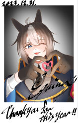 Rule 34 | 2023, absurdres, ahoge, animal ears, black gloves, black hair, blue eyes, character name, collar, collared jacket, equinox (racehorse), gloves, hair between eyes, heart, heart hands, highres, horse ears, horse girl, jacket, long sleeves, multicolored hair, necktie, one eye closed, original, personification, shirt, t p o k, thank you, tongue, tongue out, umamusume, white background, white hair, white shirt