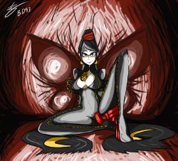 Rule 34 | 1girl, ankle gun, bayonetta, bayonetta, bayonetta (series), beehive hairdo, bigdead, black hair, blue eyes, bodysuit, breasts, cleavage, cleavage cutout, clothing cutout, crescent, earrings, glasses, highres, hoop earrings, jewelry, large breasts, lipstick, long hair, looking at viewer, makeup, mole, mole under mouth, sitting, smile, solo, spread legs, very long hair
