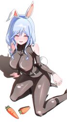 Rule 34 | 1girl, absurdres, animal ear fluff, animal ears, black bodysuit, bodysuit, braid, braided ponytail, breasts, carrot, gurumie, highres, holding, holding jewelry, holding ring, hololive, jewelry, large breasts, long hair, looking at viewer, mature female, open mouth, orange eyes, pekomama, rabbit ears, rabbit girl, rabbit tail, ring, short eyebrows, smile, solo, tail, teeth, torn bodysuit, torn clothes, upper teeth only, virtual youtuber, white background