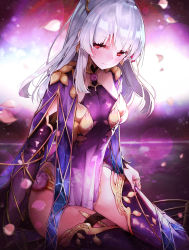 Rule 34 | 1girl, breasts, closed mouth, dress, fate/grand order, fate (series), highres, kama (fate), kama (second ascension) (fate), lens flare, long hair, long sleeves, looking at viewer, petals, pot-palm, purple dress, purple theme, purple thighhighs, red eyes, sidelocks, sitting, small breasts, solo, thighhighs, thighs, white hair