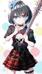 Rule 34 | 1girl, absurdres, black hair, black shirt, blue eyes, chain, closed mouth, club, club (weapon), collar, cowboy shot, ear piercing, earrings, highres, jewelry, kayon (touzoku), looking at viewer, multicolored background, on head, original, piercing, plaid, plaid skirt, polka dot, polka dot background, red skirt, shirt, short hair, skirt, skull print, solo, spiked club, spiked collar, spikes, standing, thigh strap, weapon