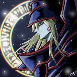 Rule 34 | 1boy, armor, blonde hair, blurry, closed mouth, colored skin, commentary, dark magician, duel monster, floating hair, from side, grey skin, hat, highres, long hair, magic circle, male focus, red eyes, sengenjin31, signature, smile, solo, upper body, yu-gi-oh!