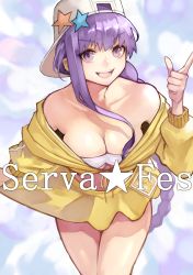 Rule 34 | 1girl, absurdres, backwards hat, bare shoulders, baseball cap, bb (fate), bb (fate) (all), bb (swimsuit mooncancer) (fate), bb (swimsuit mooncancer) (first ascension) (fate), bikini, breasts, cleavage, collarbone, commentary, fate/grand order, fate (series), hat, hat ornament, highres, jacket, large breasts, long hair, long sleeves, looking at viewer, open mouth, purple eyes, purple hair, skirt, smile, solo, star (symbol), star hat ornament, swimsuit, thighs, very long hair, white bikini, yellow jacket, yellow skirt, yoshio (55level)