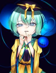 Rule 34 | 1girl, absurdres, artist request, black background, bow, frills, hair between eyes, hat, heart, highres, komeiji koishi, long sleeves, looking at viewer, nail polish, shirt, short hair, solo, third eye, touhou, wide sleeves, yellow bow, yellow shirt