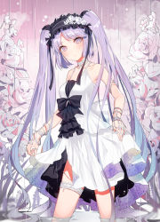 Rule 34 | 1girl, bare shoulders, black ribbon, blush, bow, breasts, choker, dress, euryale (fate), euryale (third ascension) (fate), fate/grand order, fate/hollow ataraxia, fate (series), flower, hairband, headdress, highres, jewelry, lolita hairband, long hair, looking at viewer, purple eyes, purple hair, rain, ribbon, ronopu, sleeveless, sleeveless dress, solo, thigh strap, twintails, very long hair, wading, water, white dress
