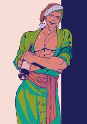Rule 34 | 1boy, against wall, areola slip, bottle, christmas, coat, covered erect nipples, crossed arms, earrings, green coat, green eyes, green hair, haramaki, hat, highres, holding, holding bottle, jewelry, leaning to the side, looking at viewer, male focus, muscular, muscular male, nok (nok 1), one eye closed, one piece, open mouth, pectoral cleavage, pectorals, red sash, roronoa zoro, santa hat, sash, scar, scar on chest, scar on face, short hair, single earring, smile, solo, standing, tan, teeth, upper teeth only, veins, veiny arms