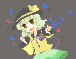 Rule 34 | 1girl, bad id, bad pixiv id, blush, character name, dated, female focus, green eyes, green hair, hat, heart, hovering kousin, komeiji koishi, matching hair/eyes, open mouth, skirt, solo, third eye, touhou, upper body, writing, drawing on fourth wall