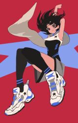 Rule 34 | 1girl, arms up, black eyes, black hair, black shirt, black thighhighs, blue background, closed mouth, commentary request, full body, grey shorts, highres, kaneni, light smile, looking at viewer, medium hair, original, red background, reebok, reebok pump, shirt, shoes, shorts, sleeveless, sleeveless shirt, sneakers, solo, star (symbol), stretching, thighhighs, two-tone background, white footwear