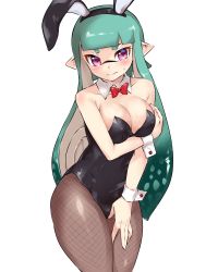 Rule 34 | 1girl, agent 3 (splatoon), animal ears, aqua hair, black leotard, blunt bangs, blush, bow, bowtie, breast hold, breasts, cleavage, closed mouth, collar, commentary, covered navel, cowboy shot, detached collar, fake animal ears, fake tail, fishnet pantyhose, fishnets, frown, gradient hair, grey pantyhose, hand on own thigh, highres, inkling, inkling girl, inkling player character, leotard, long hair, looking at viewer, mask, medium breasts, multicolored hair, nintendo, pantyhose, penguin maru (penginmaru), playboy bunny, pointy ears, purple eyes, rabbit ears, red neckwear, simple background, squidbeak splatoon, standing, strapless, strapless leotard, sweat, sweatdrop, tail, tentacle hair, white background, white collar, wing collar, wrist cuffs