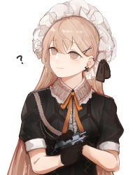 Rule 34 | 1girl, ?, absurdres, brown eyes, frilled hairband, frills, girls&#039; frontline, gloves, gun, hairband, handgun, highres, light brown hair, long hair, pocket pistol, ppk (girls&#039; frontline), rampart1028, simple background, solo, very long hair, walther, walther ppk, weapon, white background