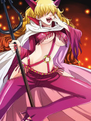 Rule 34 | 1girl, bad id, bad pixiv id, blonde hair, breasts, cape, cloak, curly hair, earrings, fringe trim, grin, hair over eyes, high heels, horns, impel down, jewelry, kanameyura, large breasts, licking, lipstick, makeup, nail polish, one piece, polearm, red nails, revealing clothes, sadi-chan, shoes, smile, solo, spear, trident, underboob, wavy hair, weapon