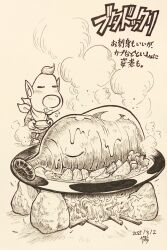 Rule 34 | 1boy, alien, alternate costume, big nose, blush, bowl, campfire, closed eyes, closed mouth, commentary request, corpse, dated, fiery blowhog, food, fruit, greyscale, highres, holding, holding bowl, ink (medium), lemon, licking lips, long hair, louie (pikmin), monochrome, neckerchief, nintendo, no headwear, oversized object, pants, pikmin (series), plate, pointy ears, saliva, shoes, short hair, signature, smoke, sneakers, steam, sweater, tongue, tongue out, traditional media, translation request, very short hair, wavy mouth, yamato koara