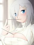 Rule 34 | 10s, 1girl, animated, between breasts, blue eyes, blush, breasts, cleavage, cleavage cutout, clothing cutout, covered erect nipples, food, food in mouth, hair ornament, hairclip, hamakaze (kancolle), kantai collection, kurokaji, long sleeves, looking at viewer, pocky, silver hair, solo, sweater, turtleneck, turtleneck sweater, upper body, video