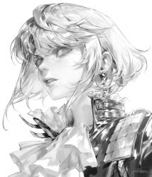 Rule 34 | 1boy, ascot, bishounen, black jacket, earrings, greyscale, hair between eyes, highres, jacket, jewelry, lio fotia, looking at viewer, male focus, monochrome, parted lips, portrait, promare, short hair, sidelocks, signature, solo, trap, upper body, vlfdus 0, white ascot, white background, wide-eyed