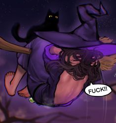 Rule 34 | 1girl, arms behind head, ayaki blade, backless dress, backless outfit, barefoot, belt, black cat, bottle, broom, broom riding, cat, dress, english text, exercising, full body, highres, night, night sky, original, purple dress, shoulder blades, sit-up, sky, solo, surprised, tree