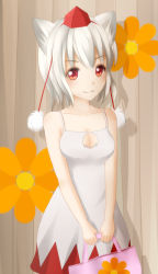 Rule 34 | 1girl, animal ears, bag, bare shoulders, blush, breasts, cleavage, cleavage cutout, clothing cutout, collarbone, dress, flower, hat, inubashiri momiji, kupomi, looking at viewer, red eyes, short hair, silver hair, smile, solo, tokin hat, touhou, v arms, wolf ears
