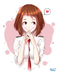 Rule 34 | 10s, 1girl, between breasts, blush, boku no hero academia, breasts, brown eyes, brown hair, collared shirt, cropped torso, heart, highres, keikyu (tiltedcube), medium breasts, necktie, necktie between breasts, own hands together, red necktie, school uniform, shirt, short hair, simple background, sleeves rolled up, smile, solo, thought bubble, uraraka ochako, white background