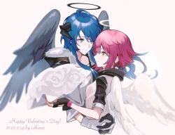 Rule 34 | 2girls, absurdres, aqua eyes, arknights, arm behind back, black gloves, black jacket, black wings, blue hair, bouquet, breasts, brown eyes, chinese commentary, closed mouth, cropped torso, earrings, exusiai (arknights), eye contact, feathered wings, fingerless gloves, flower, fur-trimmed jacket, fur trim, gloves, halo, highres, holding, holding bouquet, holding hands, horns, jacket, jewelry, looking at another, mie xing, mostima (arknights), multiple girls, purple hair, shirt, short hair, short sleeves, simple background, small breasts, smile, stud earrings, upper body, white background, white gloves, white jacket, white shirt, white wings, wings, yuri